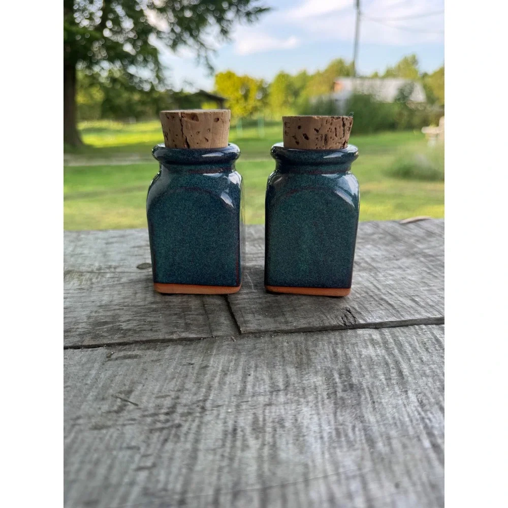 Vintage 1997 Signed Studio Pottery Teal Glaze Leaf Spice Jars with Cork Set of 2